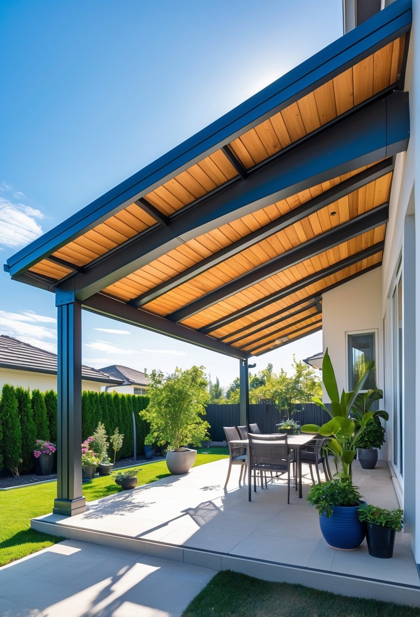 A modern patio roof extension over an outdoor seating area with plants and a garden in the background.