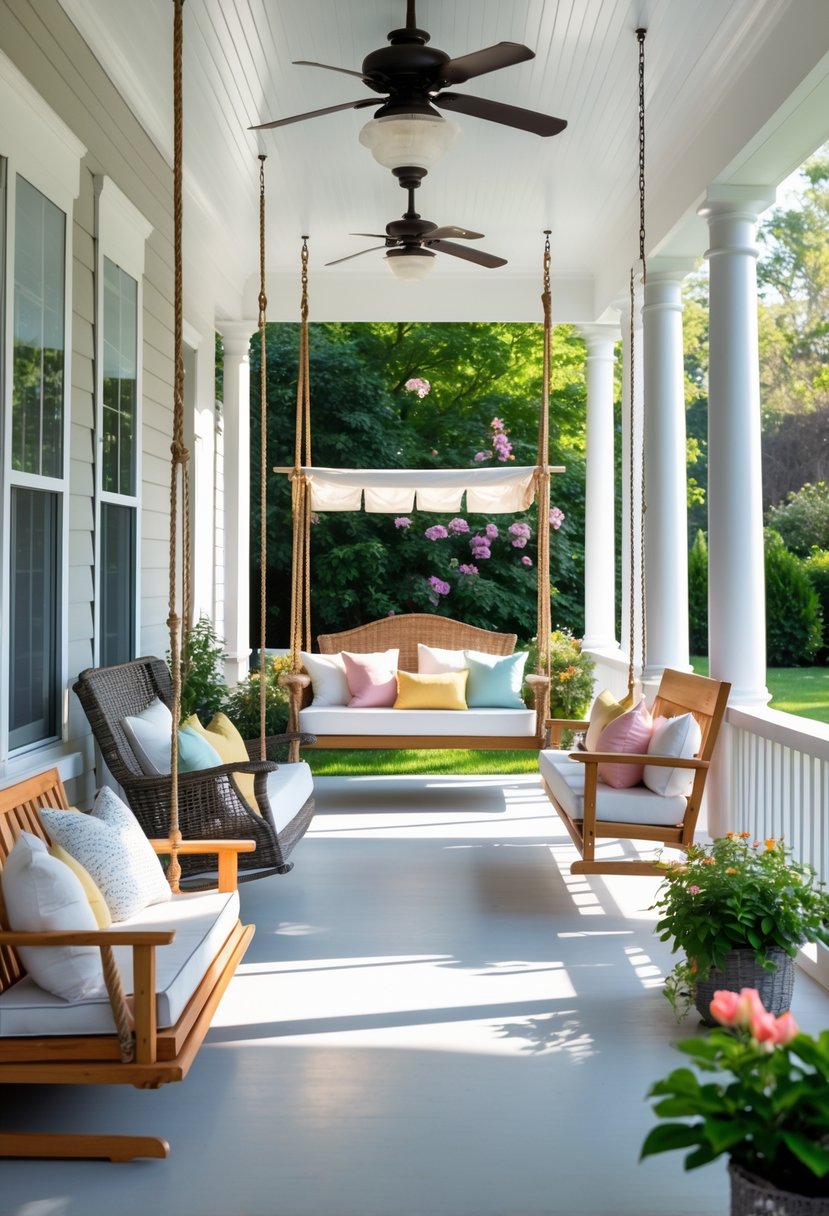 An outdoor porch with multiple porch swing beds in various styles and materials surrounded by plants and natural light.