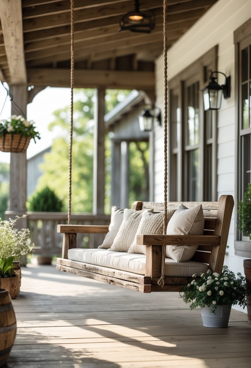 A porch with a natural wood swing bed decorated with soft cushions surrounded by plants and sunlight.