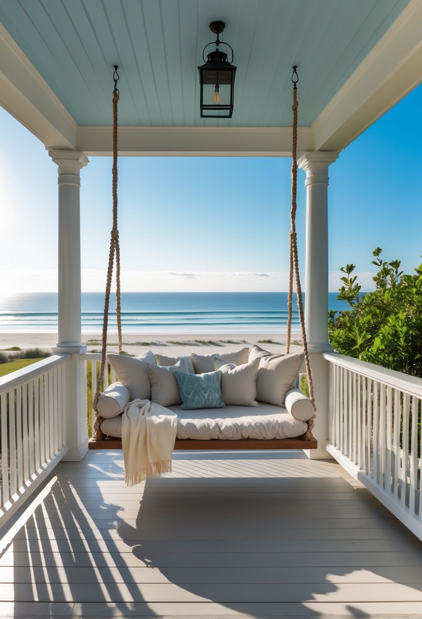 Covered porch of a seaside cottage with a swing bed overlooking a sandy beach and ocean.