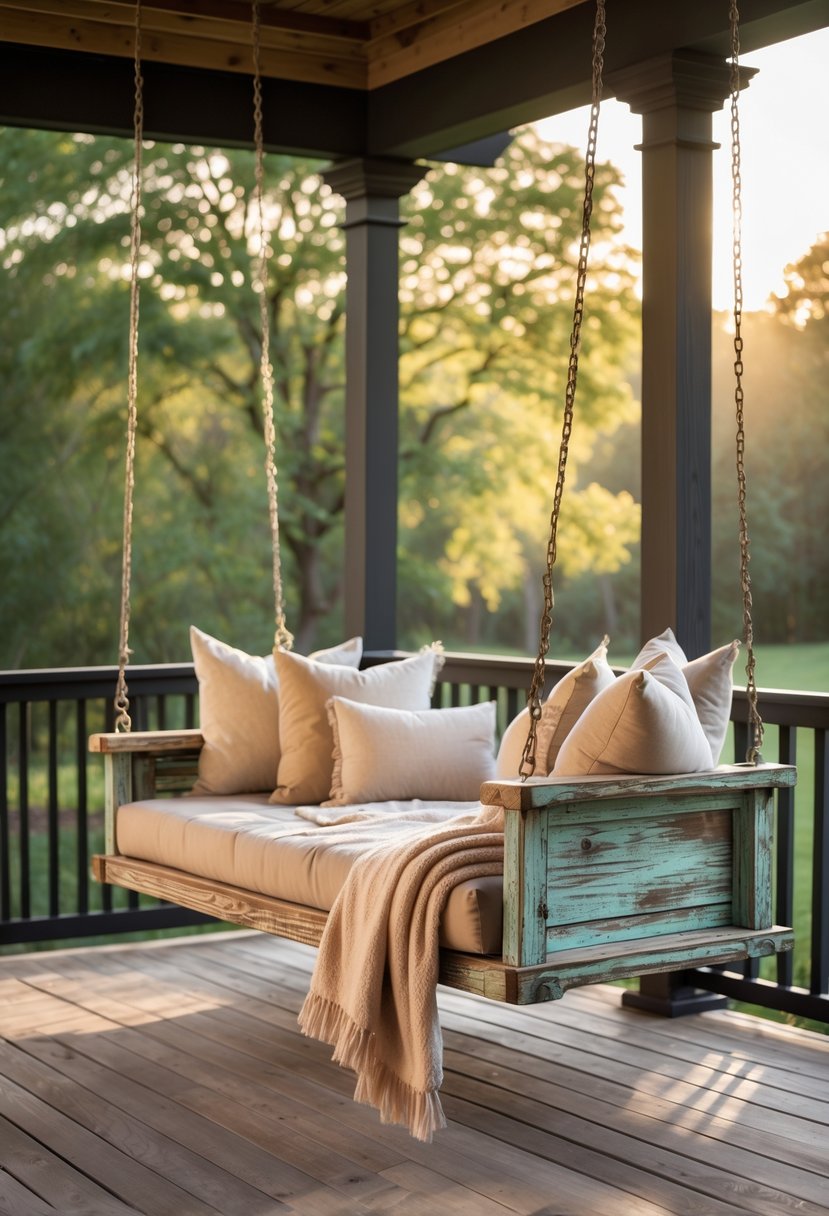 A wooden porch swing bed with cushions and blankets hanging outdoors surrounded by greenery.