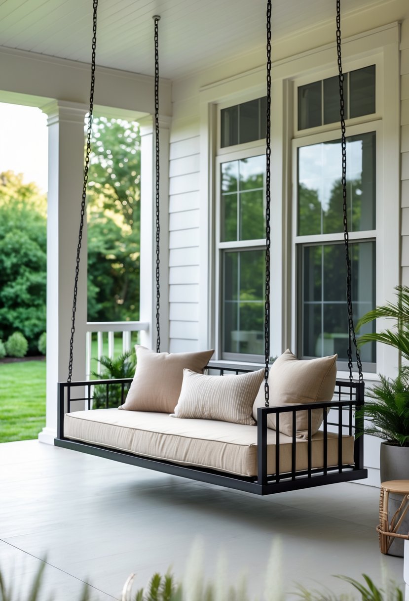 A metal frame porch swing bed with cushions hanging on a porch overlooking a garden.