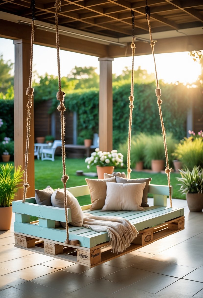 A pallet wood swing bed hanging on a porch with cushions and plants around.