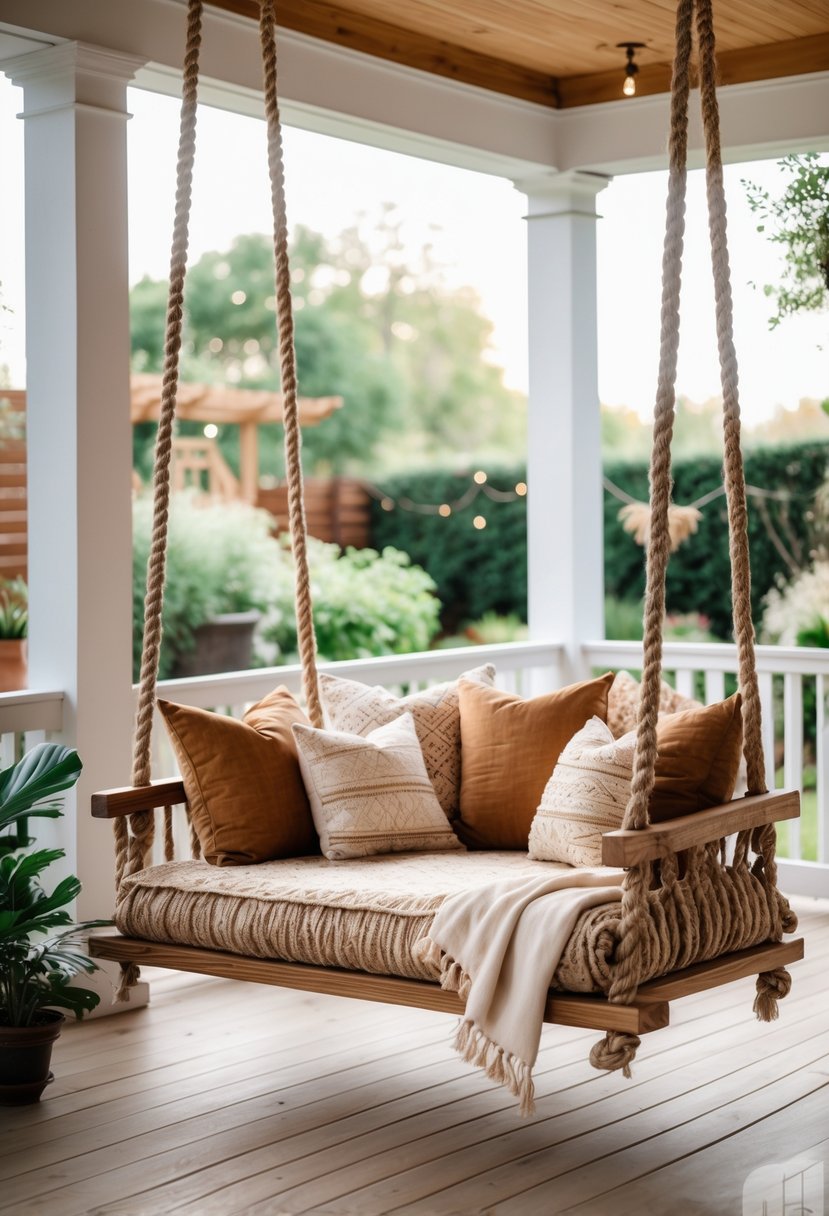 A hanging rope swing bed with cushions on a porch surrounded by plants and natural light.