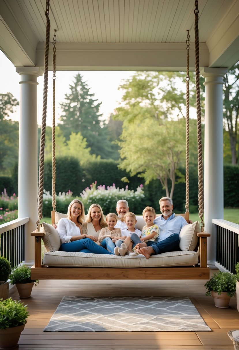 A family relaxing together on a large porch swing bed on a covered porch surrounded by plants and greenery.