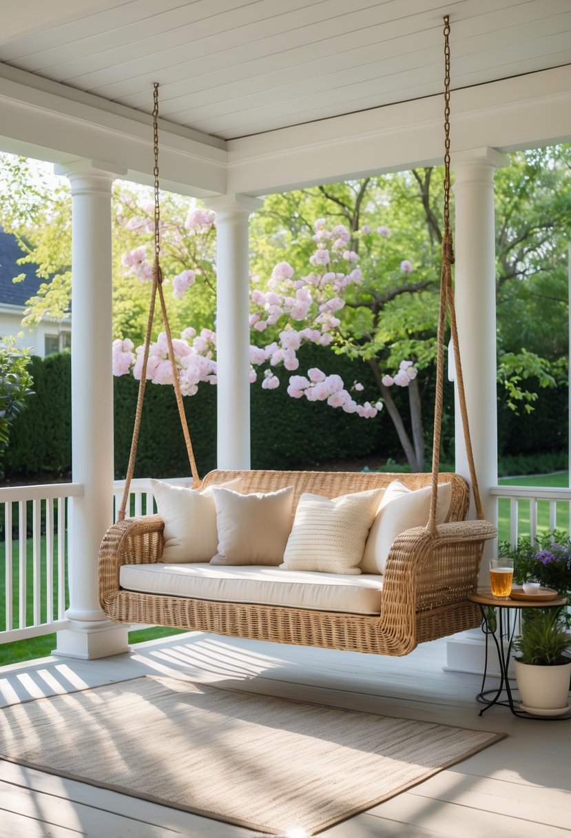 A wicker porch swing bed with cushions hanging on a porch overlooking a garden.