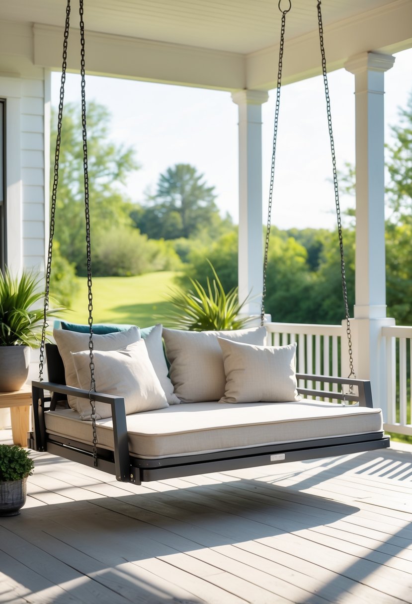 A contemporary foldable porch swing bed partially folded on a porch with cushions and plants, showing its space-saving design.