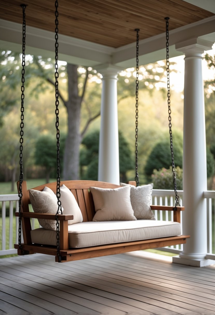 A porch swing bed hanging from the ceiling with chains, featuring cushions on a wooden porch surrounded by greenery.