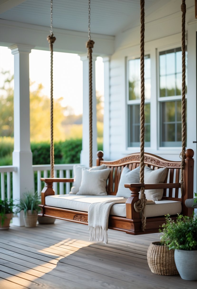 A wooden porch swing bed with carved details hanging on a porch surrounded by plants and cushions.