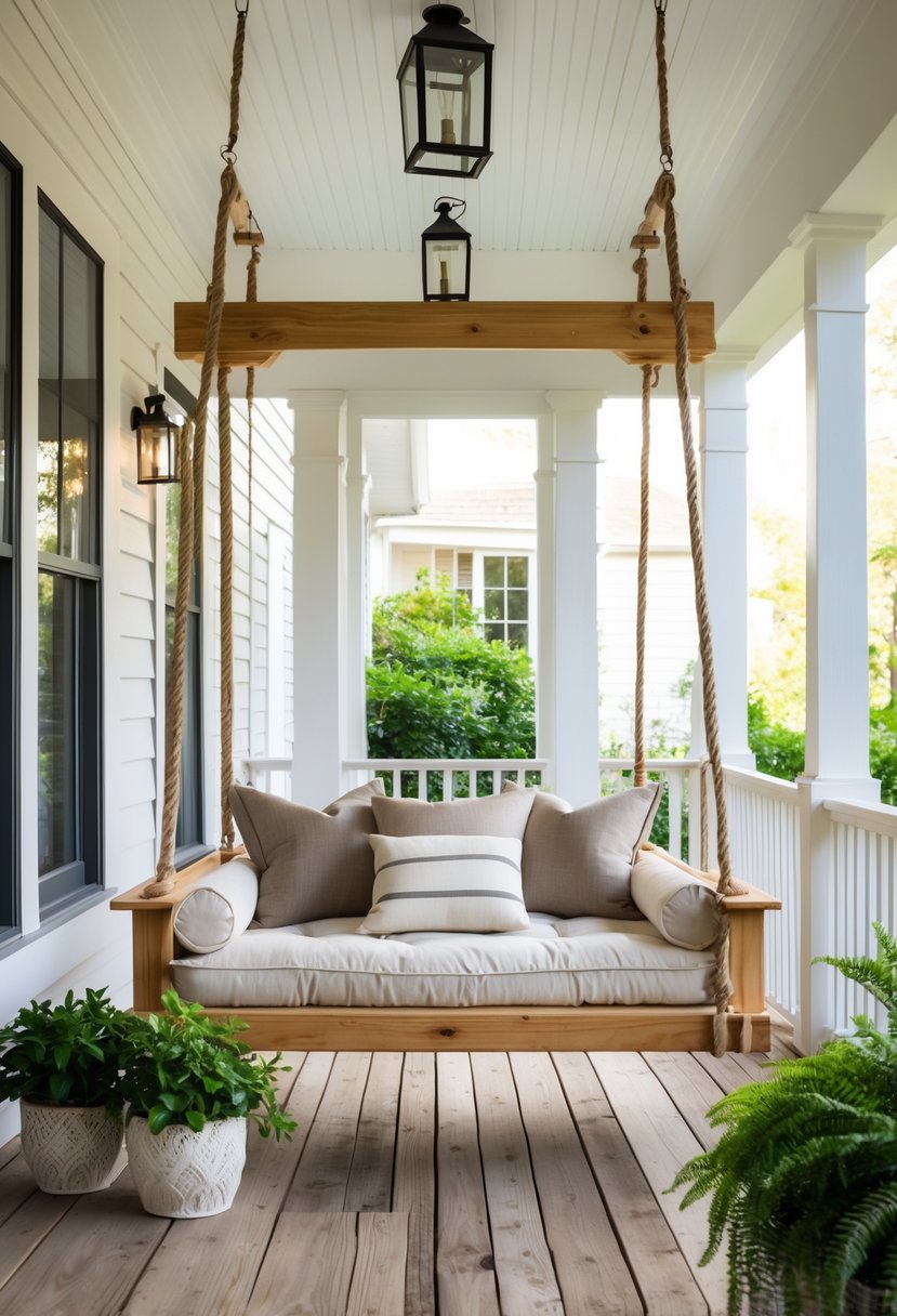A porch with a wooden swing bed decorated with cushions and plants, bathed in natural daylight.