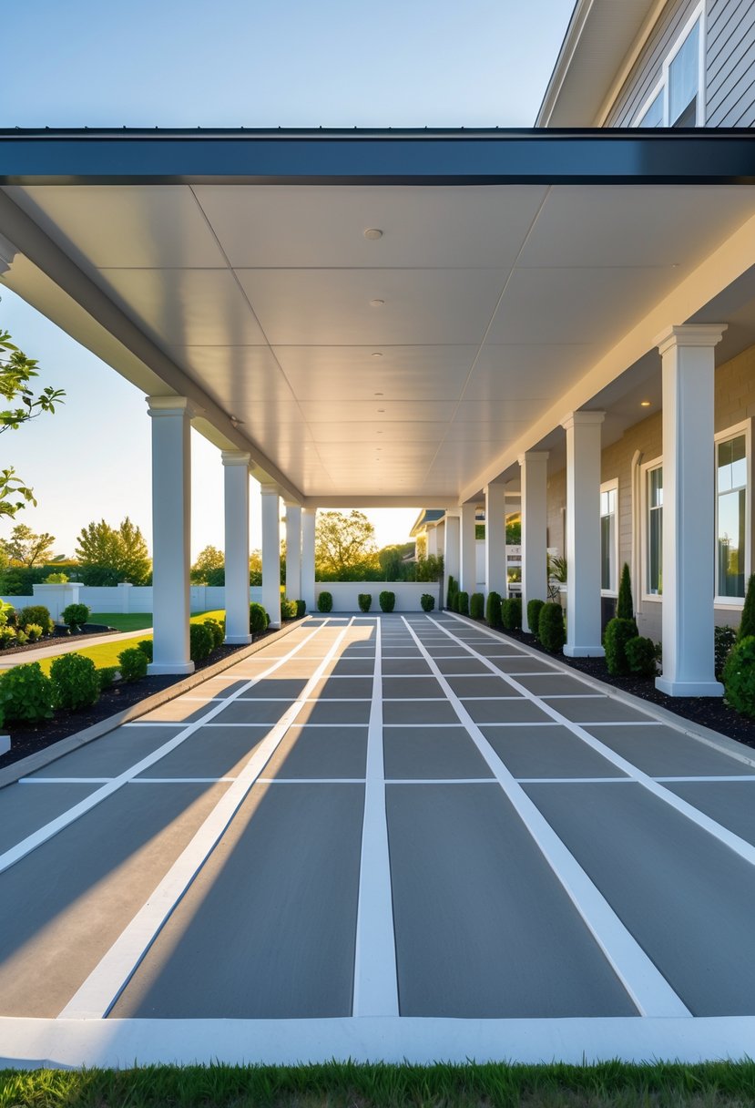 A large porch designed to accommodate twelve cars with two rows of parking spaces next to a residential building.