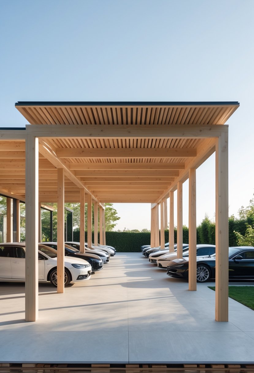 A large wooden pergola covering a spacious parking area with twelve cars parked underneath.