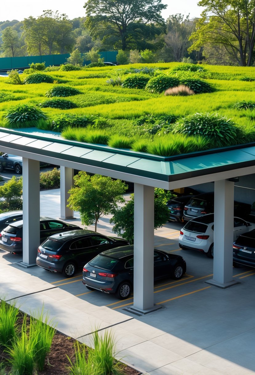 A spacious car porch with twelve parking spaces and a green roof covered in plants, surrounded by trees.
