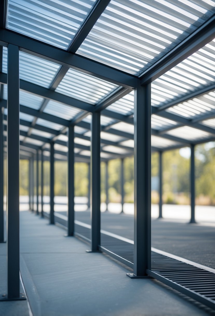 A large metal-framed porch with translucent roofing designed to shelter twelve parked cars.