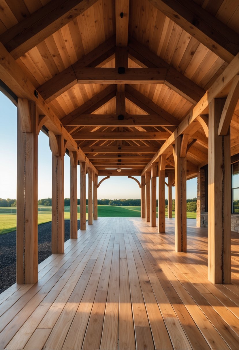 A large porch with wooden beams and natural wood finishes, designed to accommodate twelve cars.
