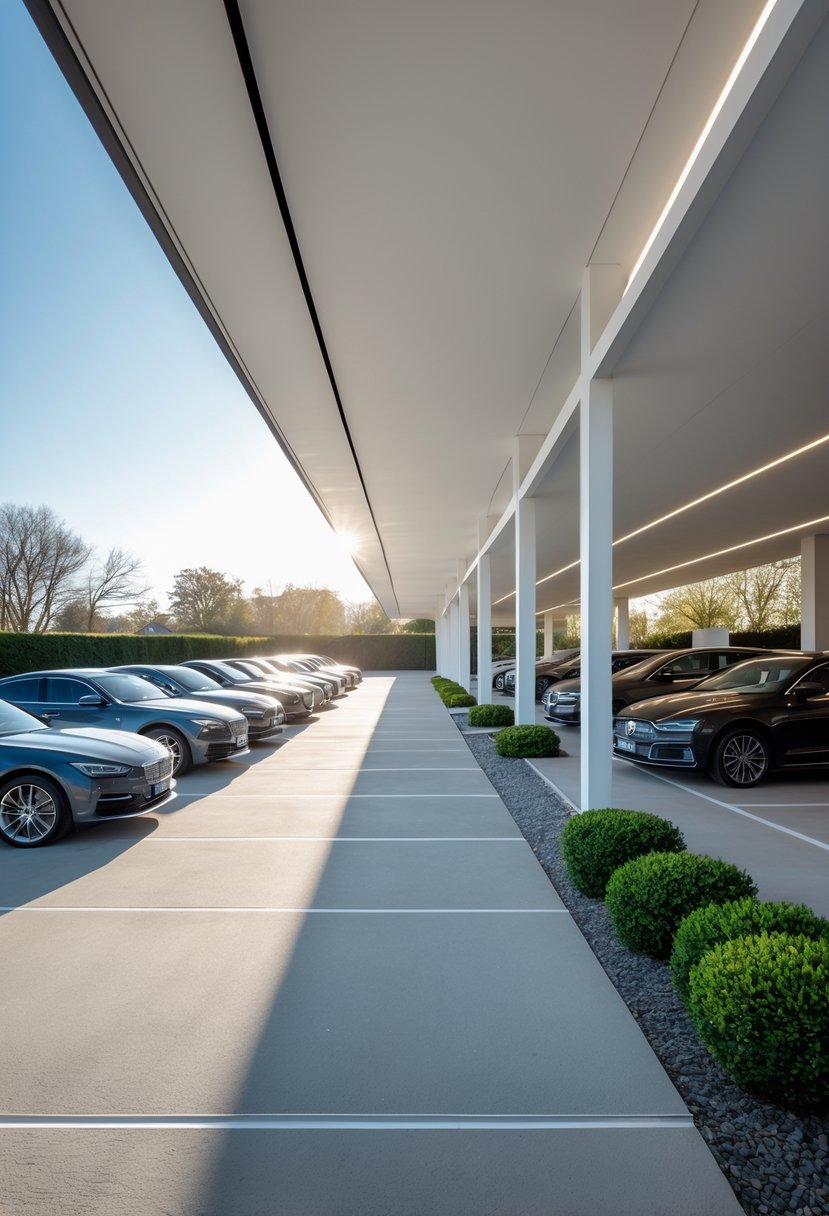 A spacious 12-car porch with a floating roof supported by hidden structures, set outdoors with cars parked underneath.