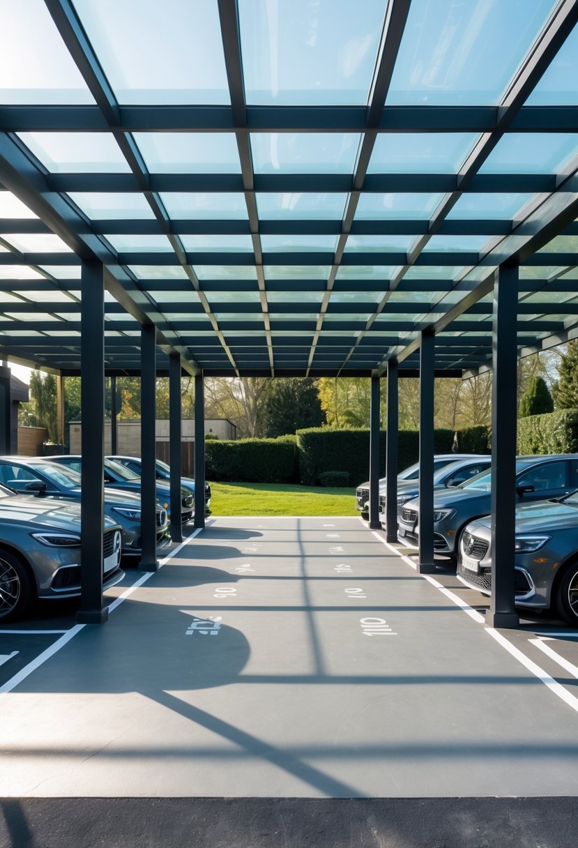 A large 12-car porch with a transparent glass panel roof allowing natural light to illuminate the parked cars underneath.