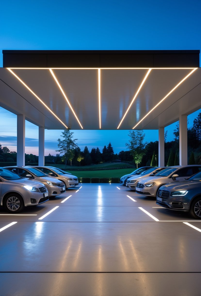 A large car porch designed to fit twelve cars with built-in LED ceiling lights and an open view of greenery outside.
