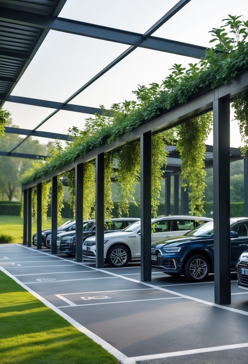 Open-sided twelve-car porch structure covered with climbing plants in a landscaped outdoor setting.