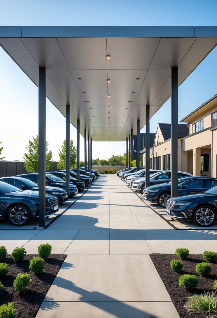 A large modern car porch with space for 12 cars, showing several vehicles parked neatly under a wide roof supported by columns, surrounded by landscaping and a building in the background.