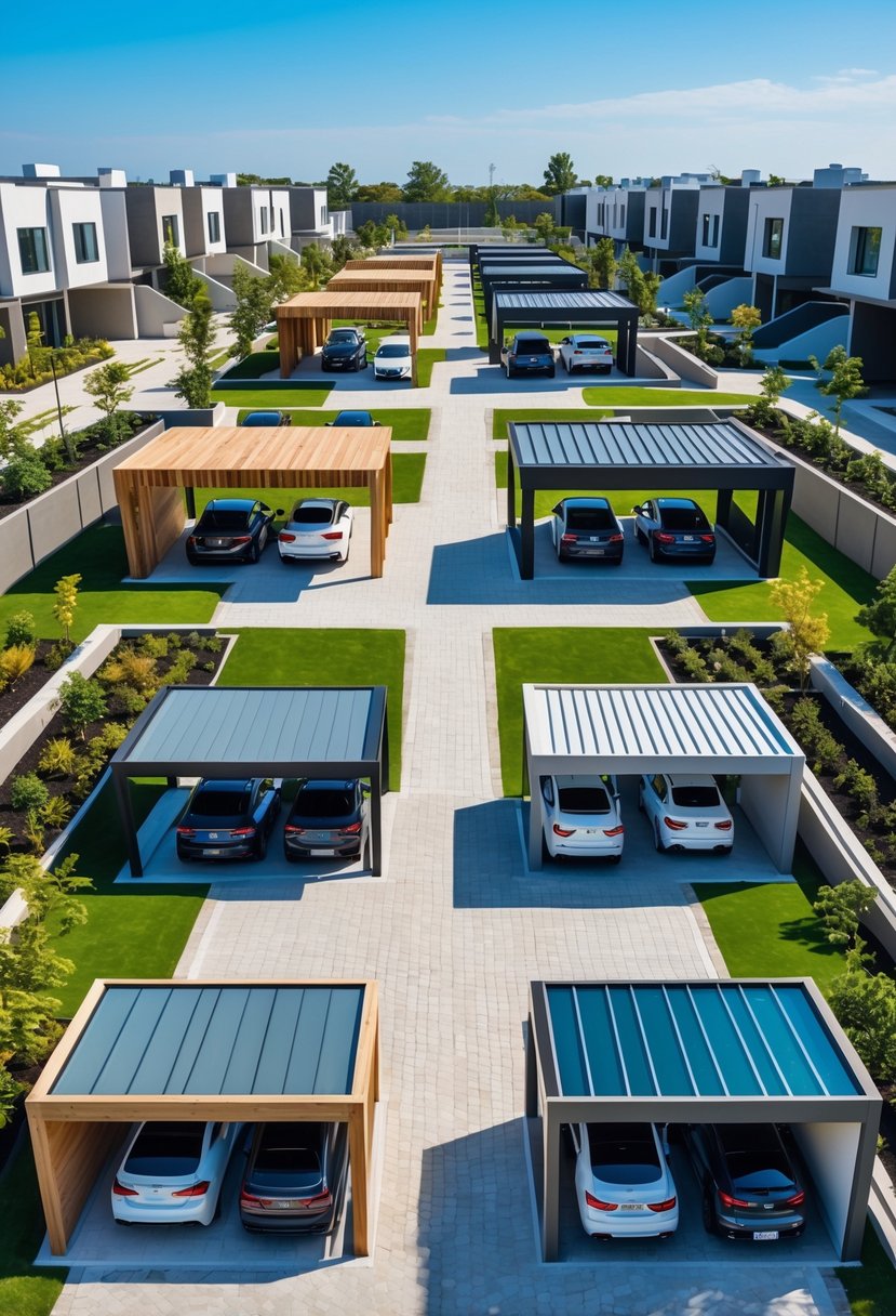 Twelve different car porches with various materials and parked cars in an outdoor residential area.