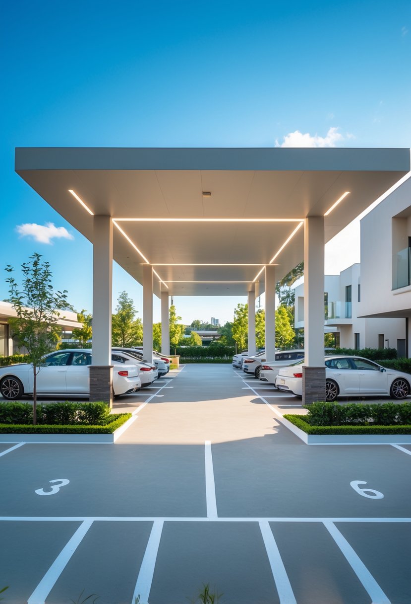 A spacious car porch designed to park twelve cars, with modern architecture, clear parking spaces, and greenery around.
