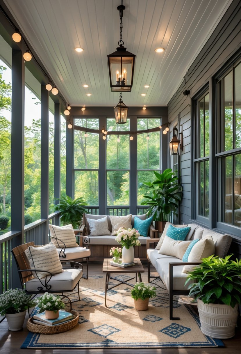 17 Enclosed Porch Ideas That Will Make Your Neighbors Jealous 2 An enclosed porch with comfortable seating, plants, large windows, and decorative lighting creating a cozy and inviting space.