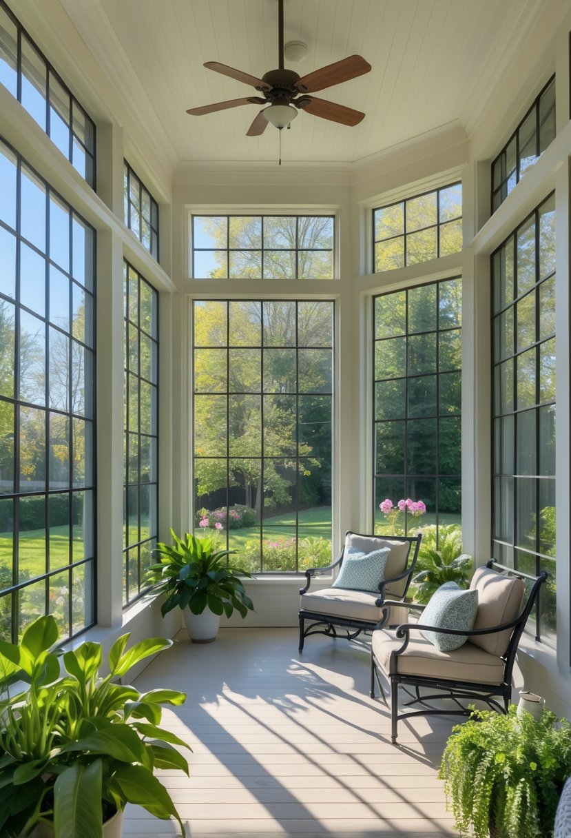 17 Enclosed Porch Ideas That Will Make Your Neighbors Jealous 3 An enclosed porch with large windows letting in natural light, furnished with chairs, a coffee table, and plants, overlooking a garden.