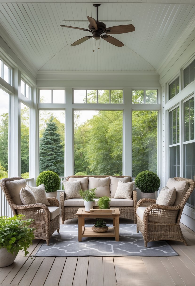 17 Enclosed Porch Ideas That Will Make Your Neighbors Jealous 4 An enclosed porch with wicker sofa and chairs, a wooden coffee table, and large windows showing greenery outside.