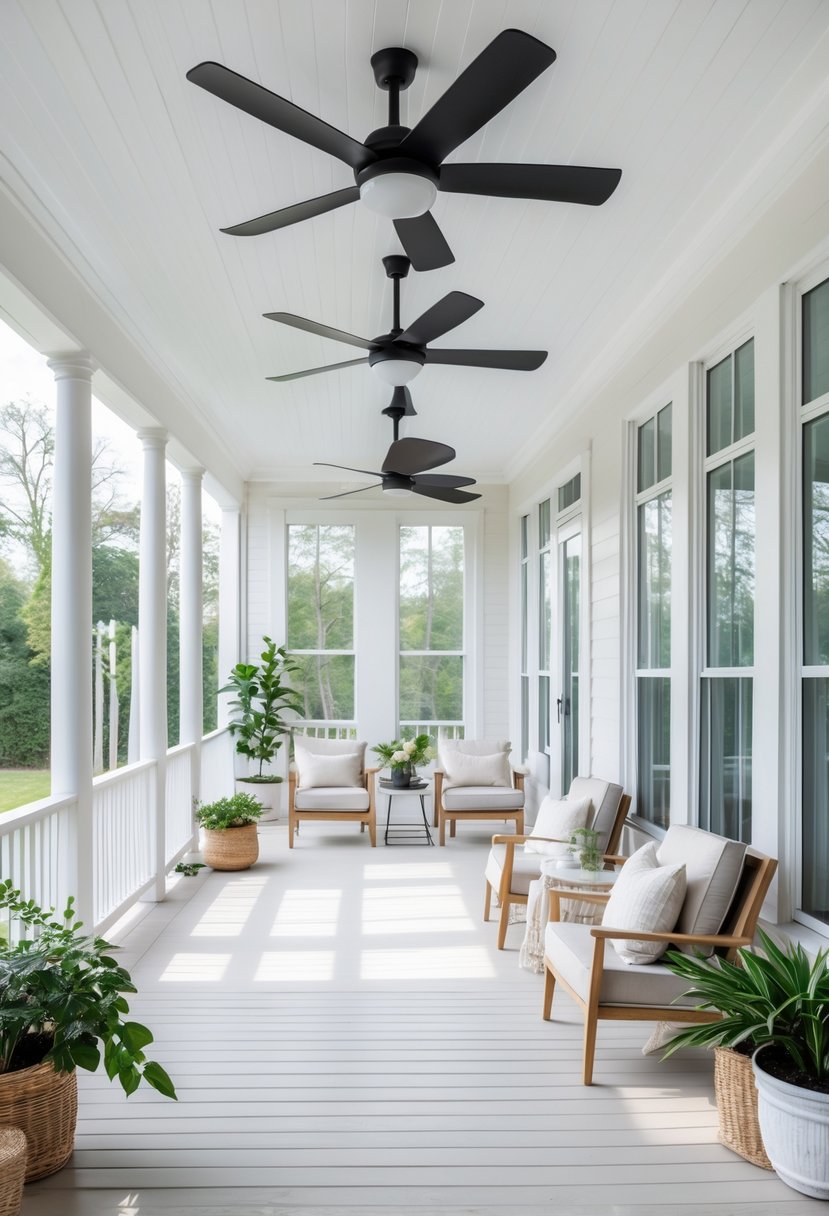 17 Enclosed Porch Ideas That Will Make Your Neighbors Jealous 5 An enclosed porch with ceiling fans, comfortable seating, large windows, and plants.