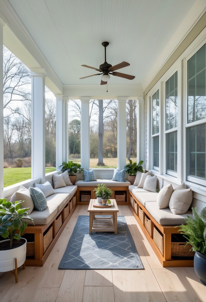 17 Enclosed Porch Ideas That Will Make Your Neighbors Jealous 6 Enclosed porch with built-in storage benches, cushions, plants, and a small coffee table.