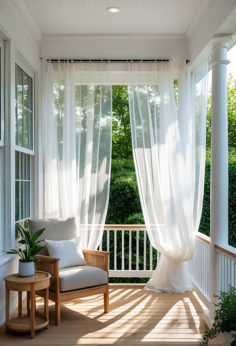 17 Enclosed Porch Ideas That Will Make Your Neighbors Jealous 9 An enclosed porch with sheer white curtains hanging over large windows, comfortable seating, and greenery visible outside.