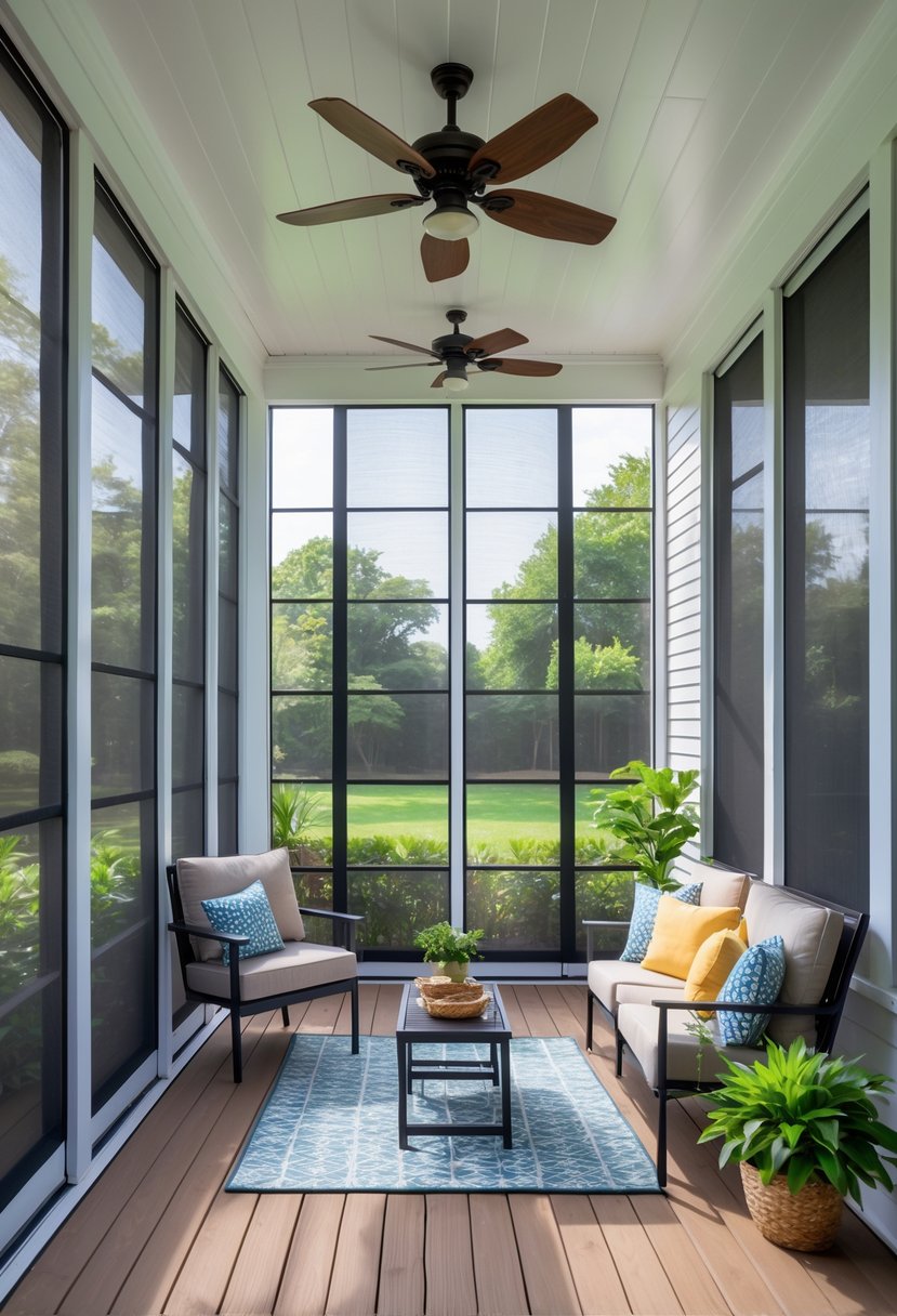 17 Enclosed Porch Ideas That Will Make Your Neighbors Jealous 10 An enclosed porch with retractable screens, comfortable seating, and a view of a green garden outside.