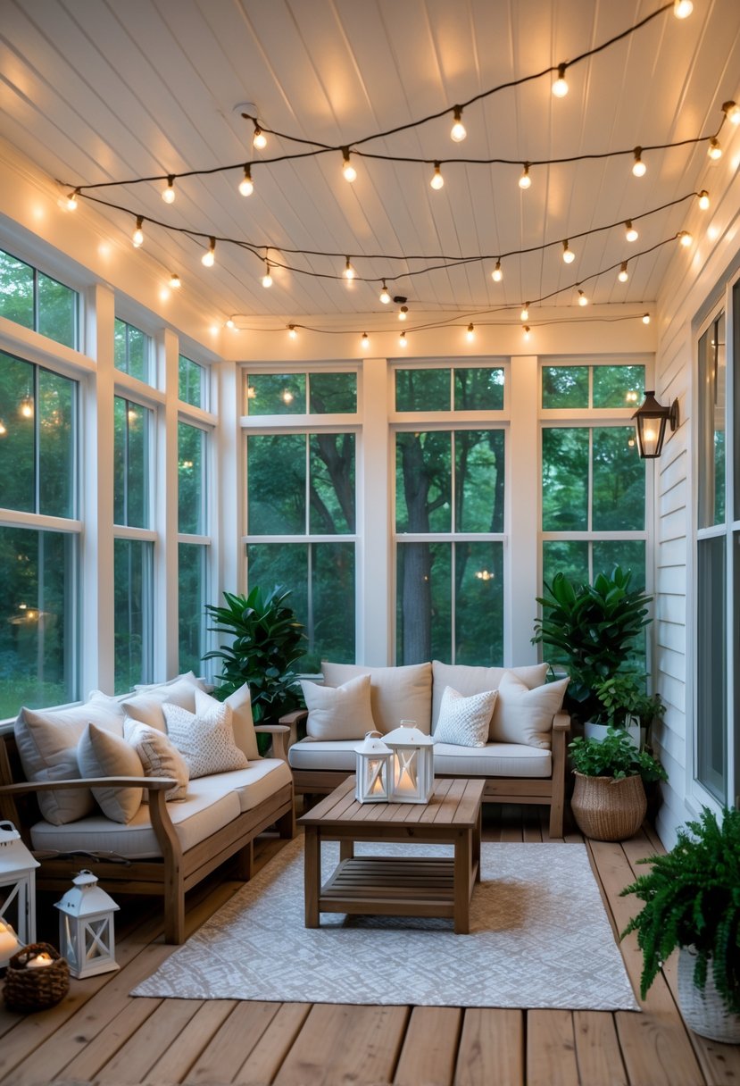 17 Enclosed Porch Ideas That Will Make Your Neighbors Jealous 11 An enclosed porch with comfortable seating, string lights overhead, large windows, and plants creating a cozy and inviting atmosphere.