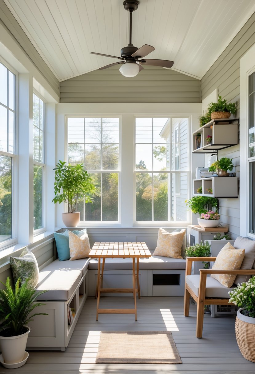 17 Enclosed Porch Ideas That Will Make Your Neighbors Jealous 12 An enclosed porch with multifunctional furniture including a built-in bench with storage, a foldable table, stackable chairs, and plants by large windows.