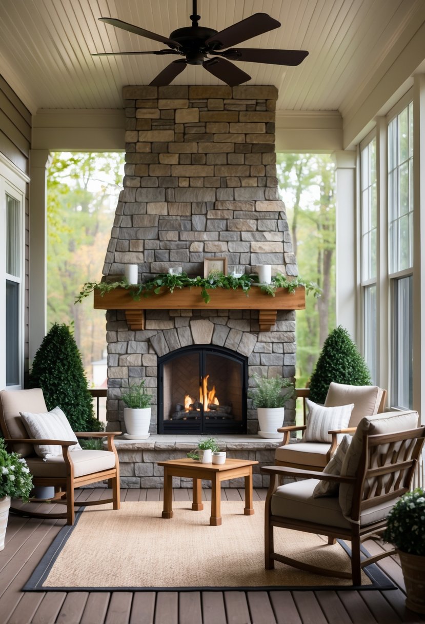 17 Enclosed Porch Ideas That Will Make Your Neighbors Jealous 14 An enclosed porch with a stone fireplace, comfortable seating, and large windows letting in natural light.