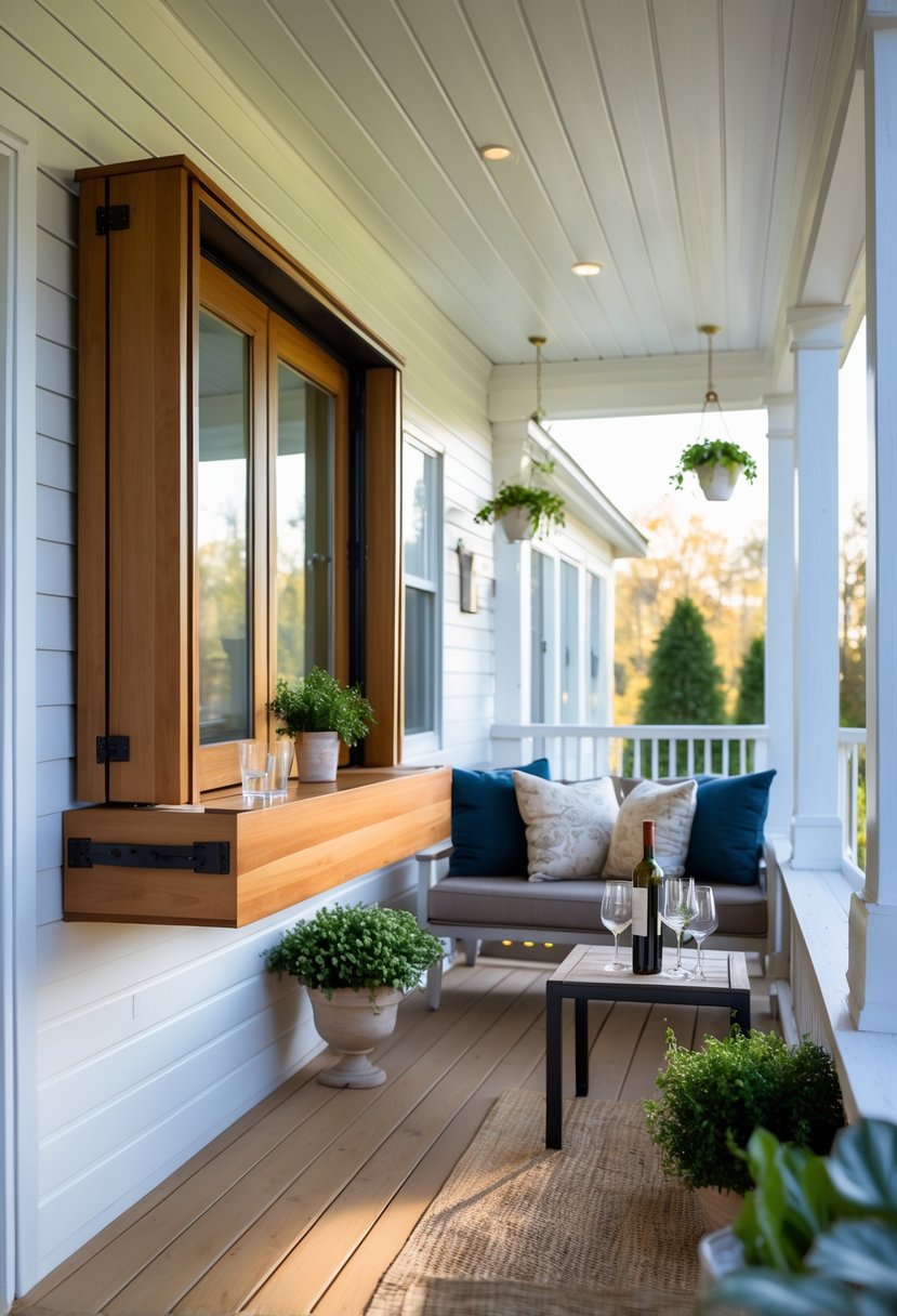17 Enclosed Porch Ideas That Will Make Your Neighbors Jealous 16 An enclosed porch with large windows and a fold-down wooden bar serving area, surrounded by cozy seating and natural light.