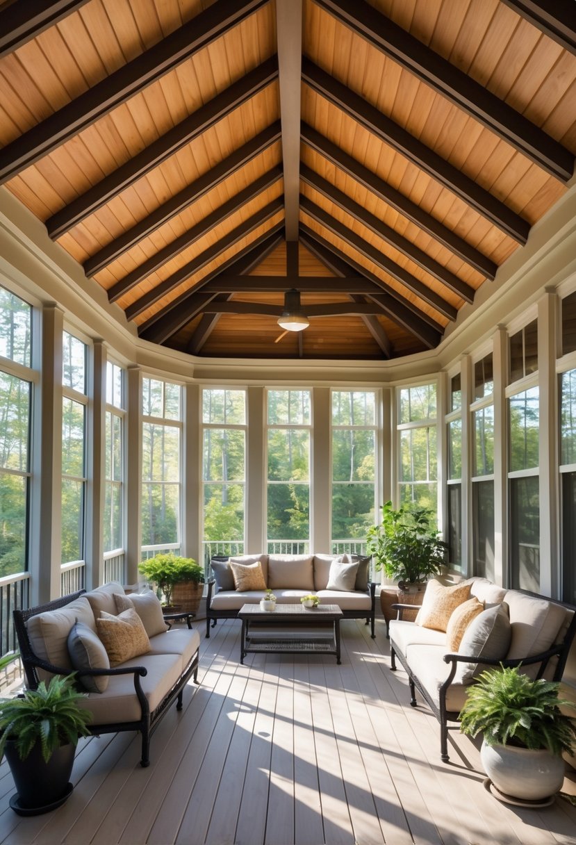 17 Enclosed Porch Ideas That Will Make Your Neighbors Jealous 17 Spacious enclosed porch with a vaulted wooden ceiling, large windows, and comfortable seating.