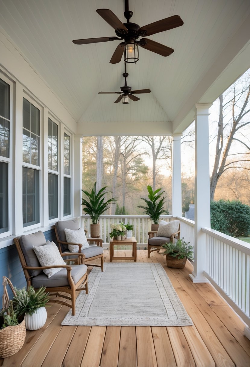 17 Enclosed Porch Ideas That Will Make Your Neighbors Jealous 18 An enclosed porch with natural wood flooring, comfortable seating, and large windows letting in sunlight.