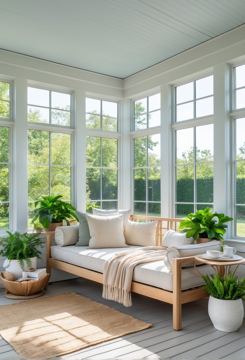17 Enclosed Porch Ideas That Will Make Your Neighbors Jealous 19 An enclosed porch with a daybed, plants, and natural light coming through large windows.