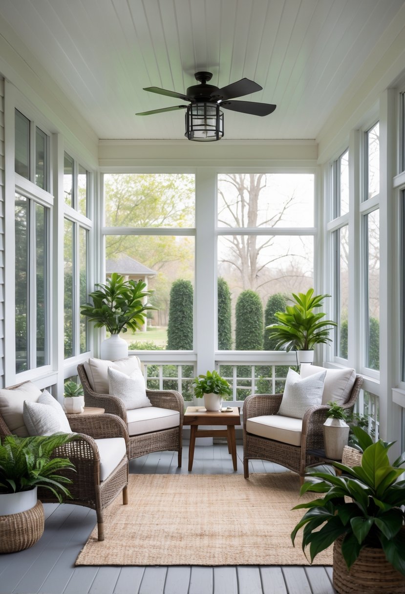17 Enclosed Porch Ideas That Will Make Your Neighbors Jealous 20 An enclosed porch with large windows, comfortable seating, plants, and a small table.