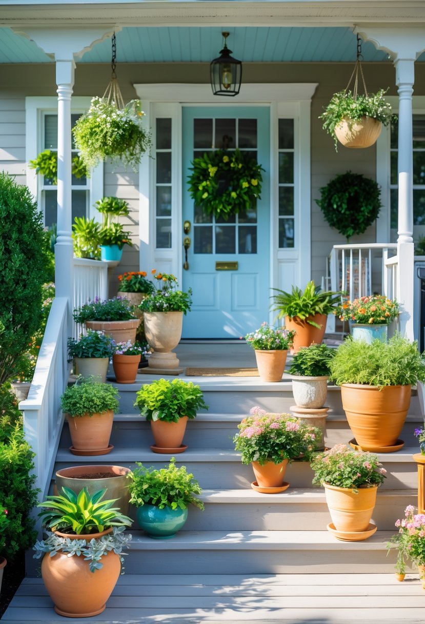 A front porch displaying fifteen different planters with various green plants and colorful flowers arranged on steps, shelves, and hanging from railings beside a welcoming front door.