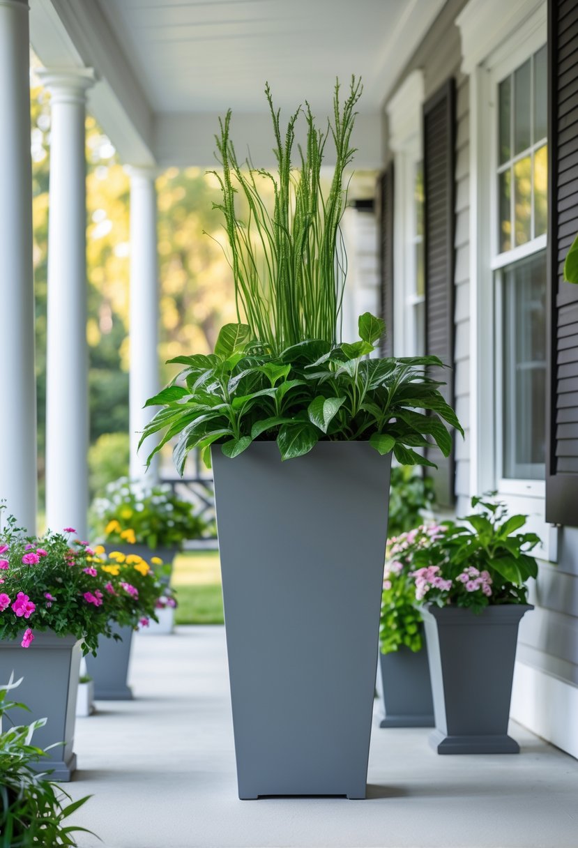 Tall gray square planter with green plants on a front porch surrounded by smaller colorful planters.