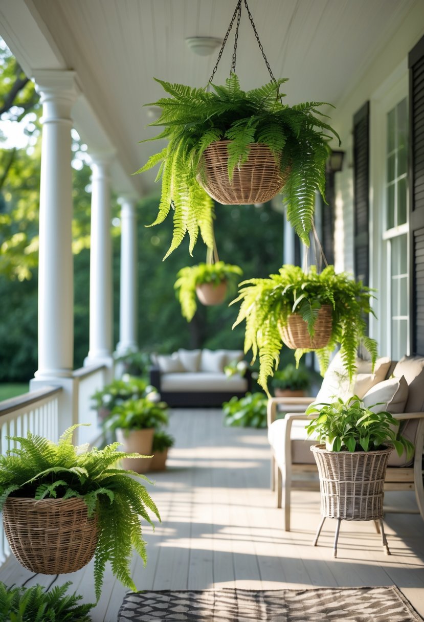 A shaded front porch with several hanging baskets filled with lush green ferns and additional potted plants arranged around the porch.