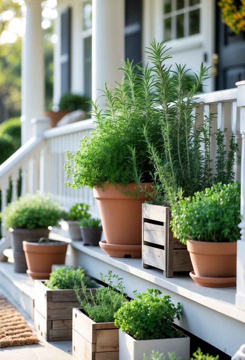 A front porch with 15 planters filled with green rosemary and thyme herbs arranged along the railing and steps.