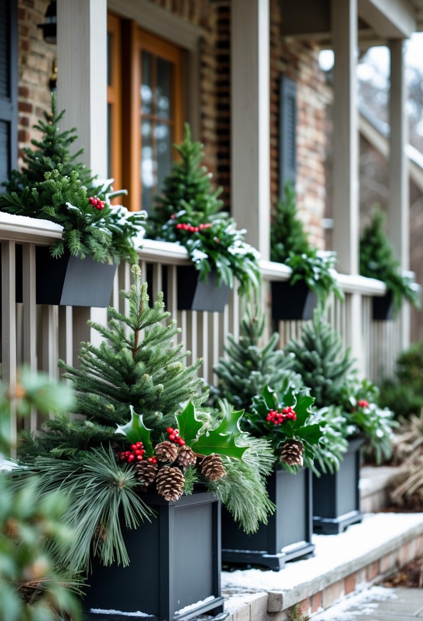 A front porch with fifteen planters filled with evergreen plants and winter decorations arranged along the railing and steps.