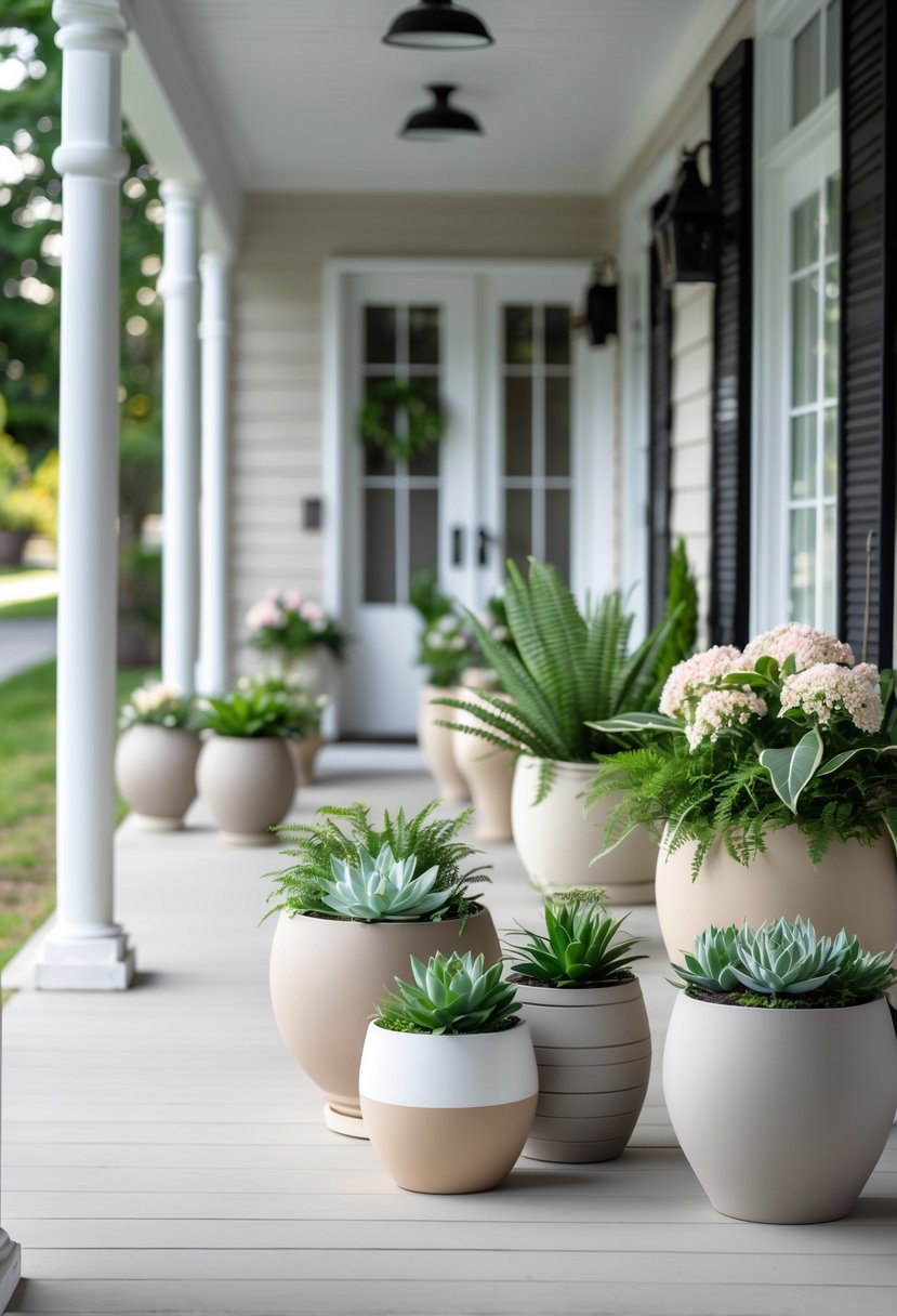 Fifteen neutral-colored pots with green plants arranged on a front porch with a wooden floor and a front door in the background.