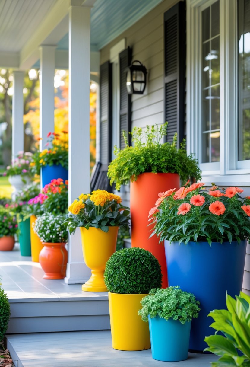 A front porch with 15 colorful planters filled with various plants arranged neatly along the steps and railing.