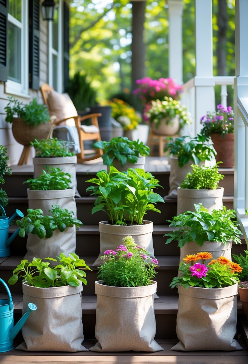 Fifteen felt grow bags with green plants and flowers arranged on a front porch with wooden flooring and outdoor furniture.