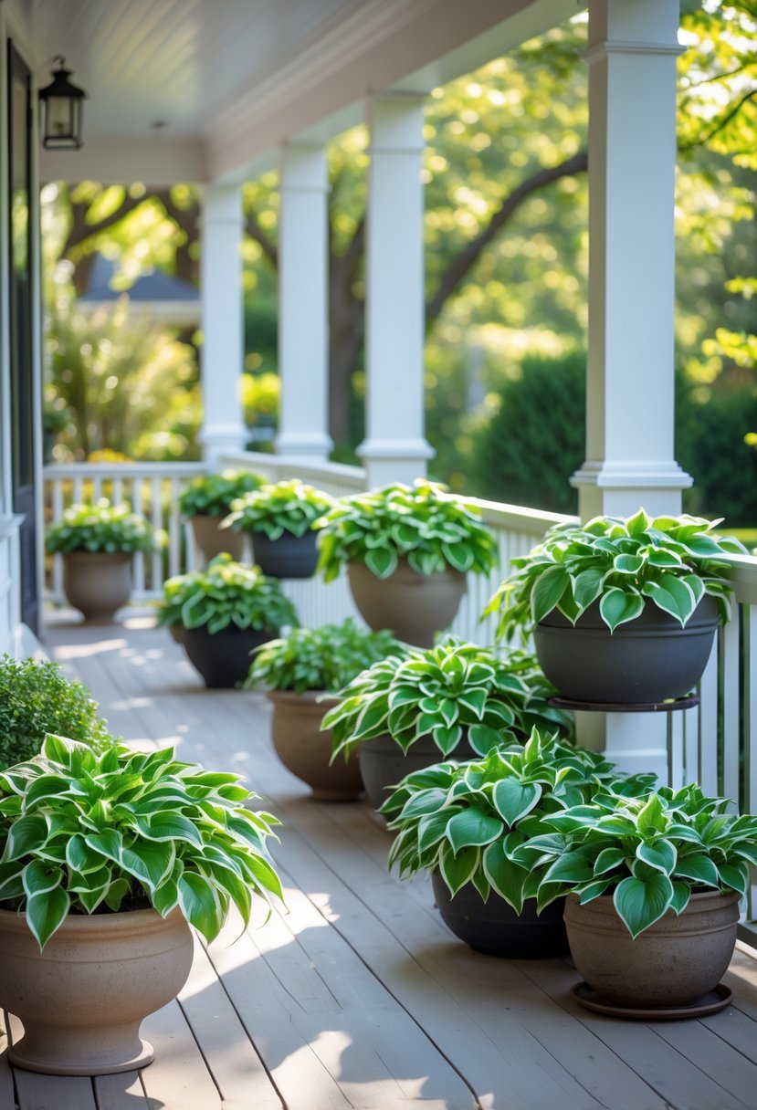 Front porch with 15 planters filled with green hosta plants under dappled sunlight.